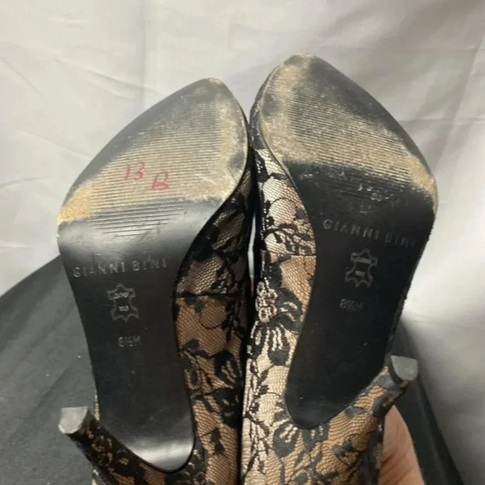 GIANNI BINI WO SIZE 8.5 BLACK FLORAL LACE PUMP SHOE 4” HEEL LEATHER SOLE… - Picture 10 of 13